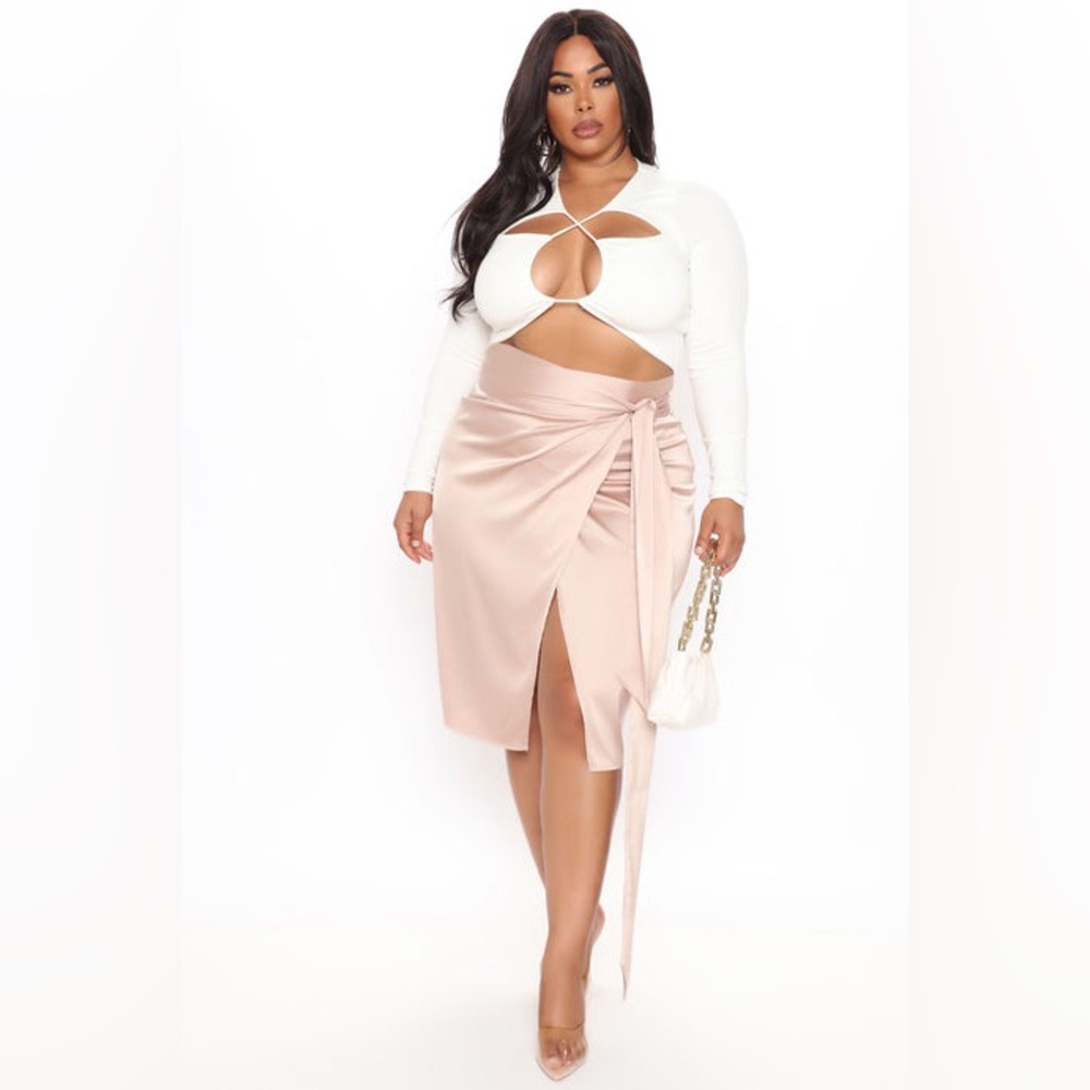Fashion Nova True Romance Wrap Satin Midi Skirt - Nude New Size 1x